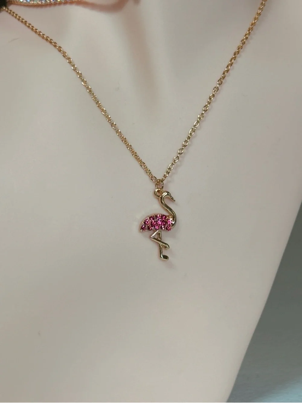 Gold Flamingo Pendant Necklace with Pink Crystal Accent